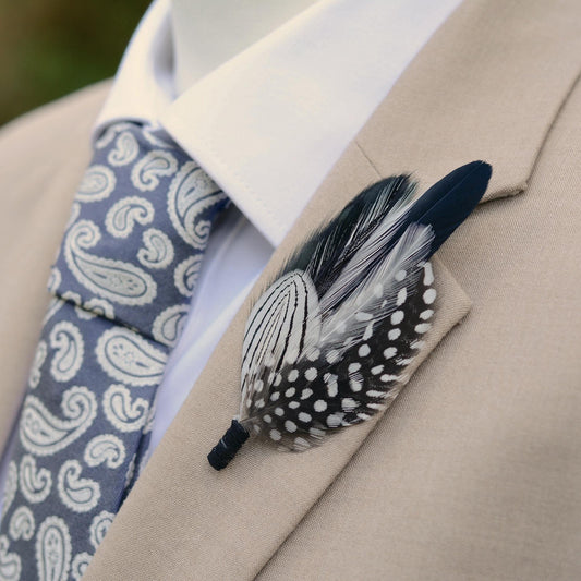 Monochrome Feather Boutonniere | Pheasant Feather Brooch | Feather Hat Pin