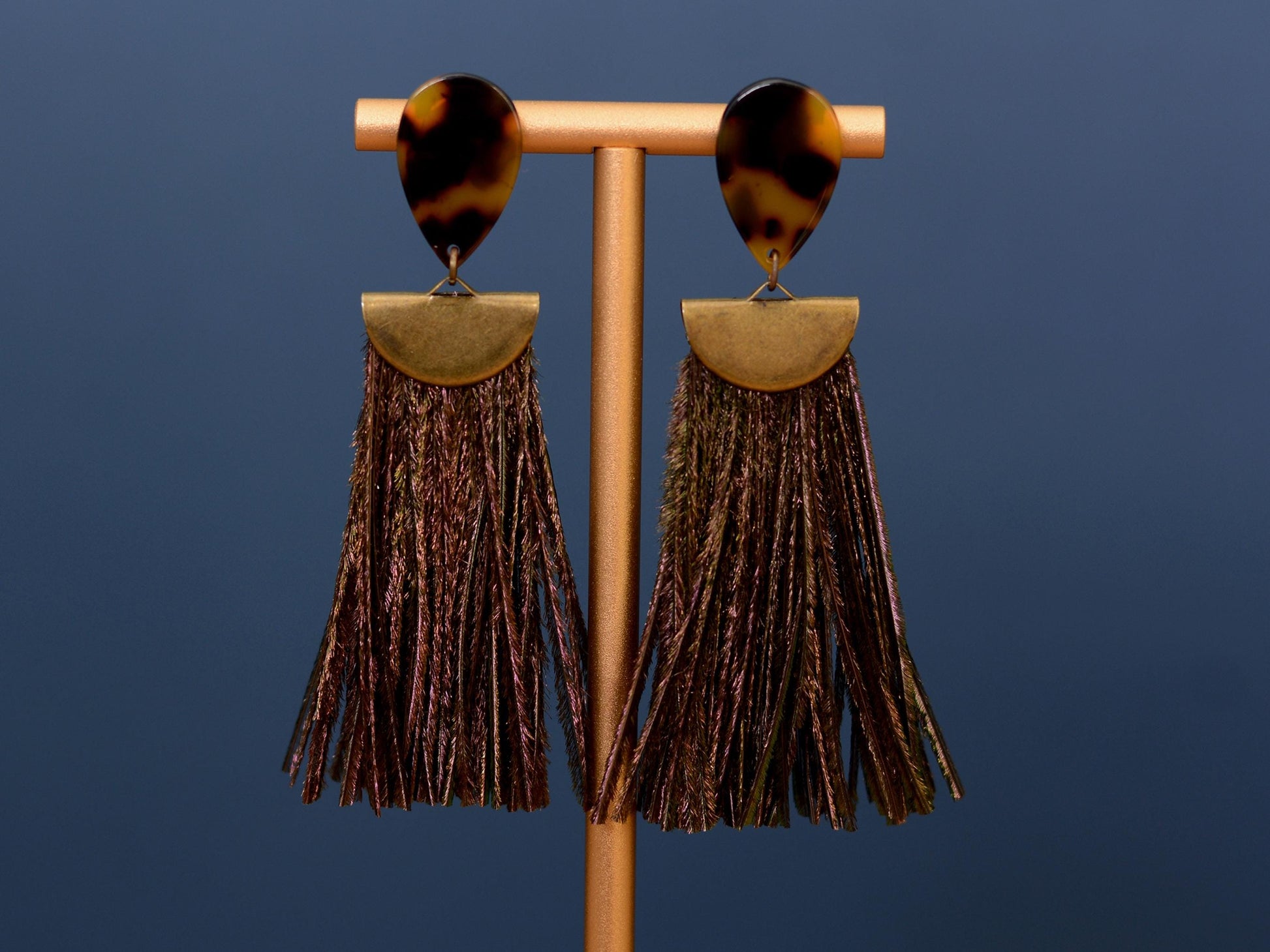 Gatsby - Peacock Feather Tassel Earrings in Tortoiseshell Acetate and Shimmering Green | Feather Jewellery | Statement Earrings