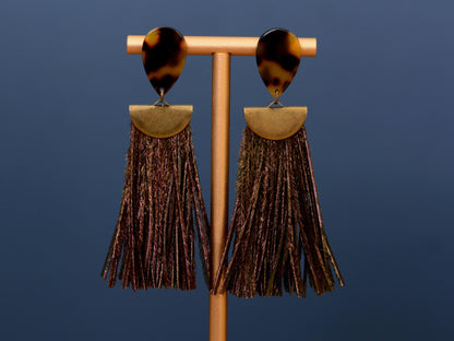 Gatsby - Peacock Feather Tassel Earrings in Tortoiseshell Acetate and Shimmering Green | Feather Jewellery | Statement Earrings