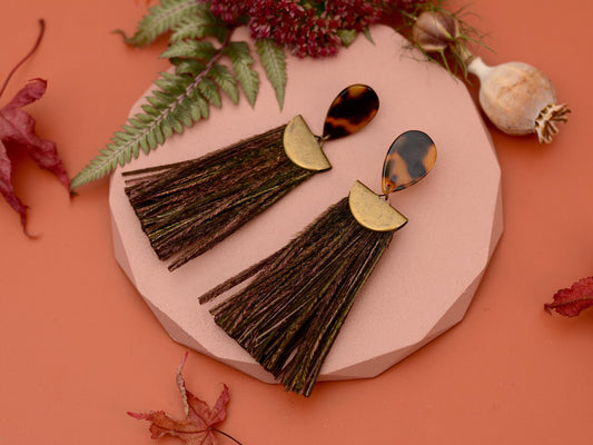 Gatsby - Peacock Feather Tassel Earrings in Tortoiseshell Acetate and Shimmering Green | Feather Jewellery | Statement Earrings