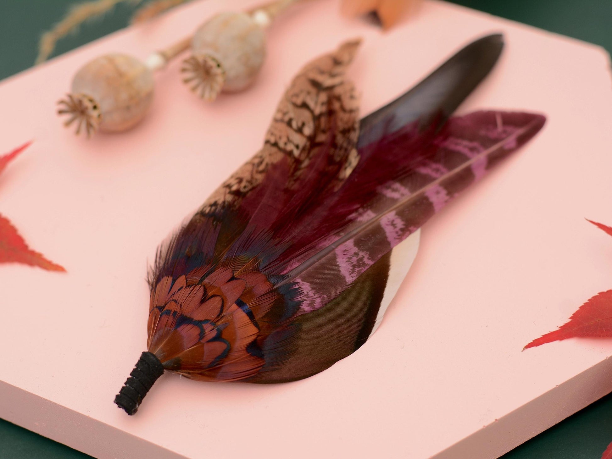 Feather Hat Pin in Plum and Burgundy No.311 | Pheasant Feather Boutonniere / Brooch
