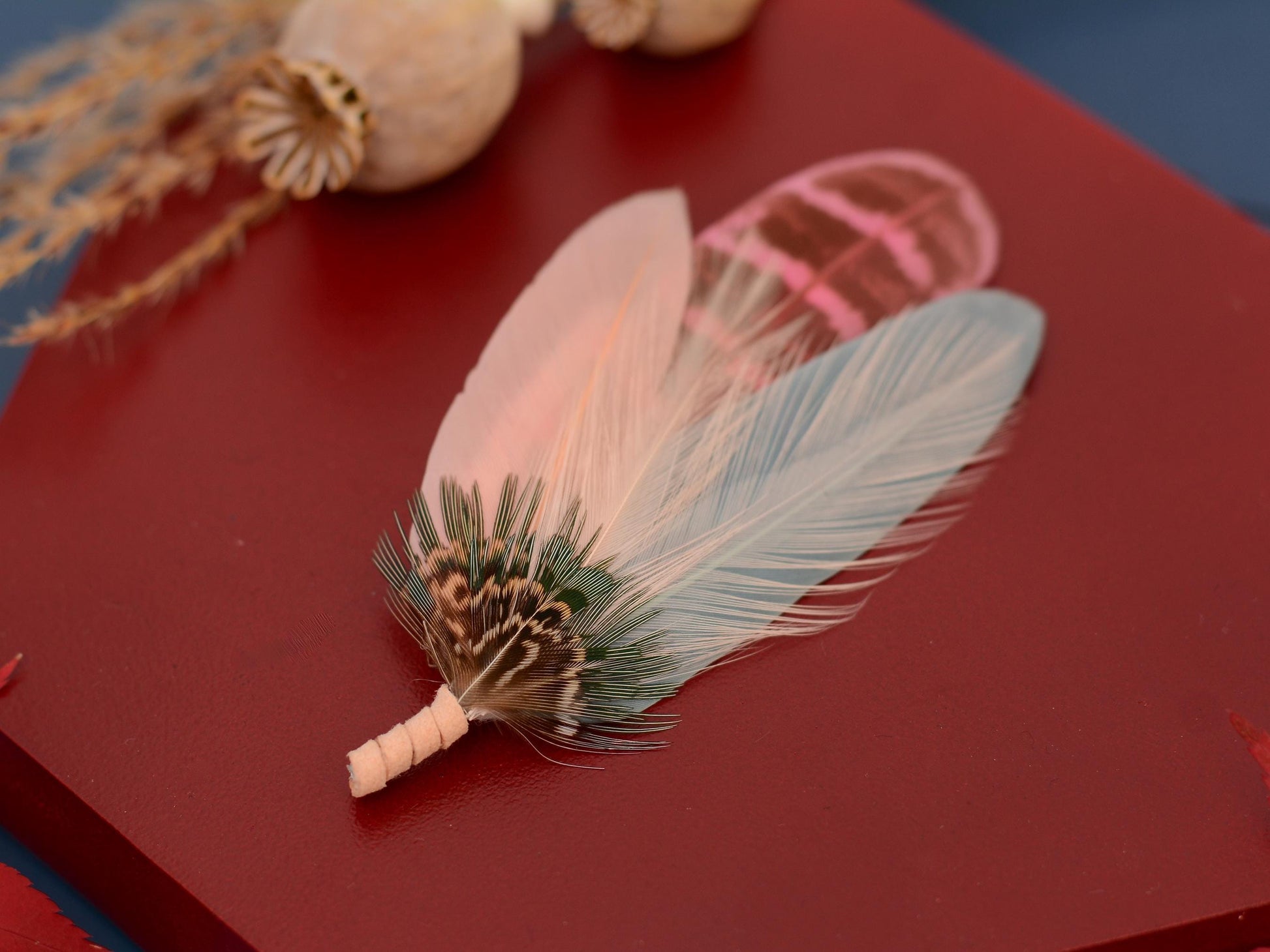 Feather Brooch Pin in Sage Green and Blush Pink | Pheasant Feather Boutonniere | Feather Hat Pin