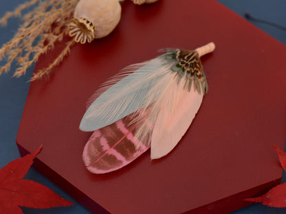 Feather Brooch Pin in Sage Green and Blush Pink | Pheasant Feather Boutonniere | Feather Hat Pin