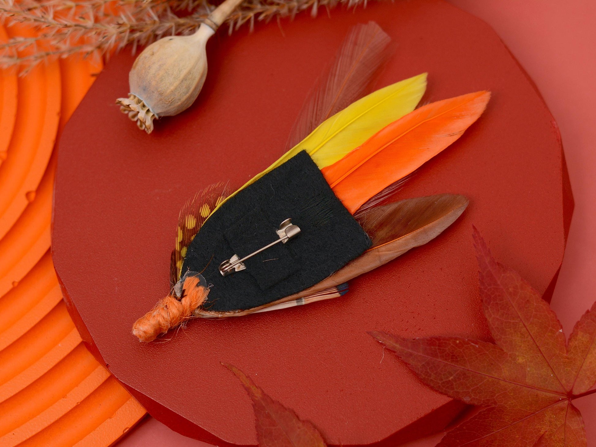 Feather Hat Pin Brooch in Fall Colours Yellow and Burnt Orange | Feather Boutonniere | Feather Brooch | Pheasant Feather Pin