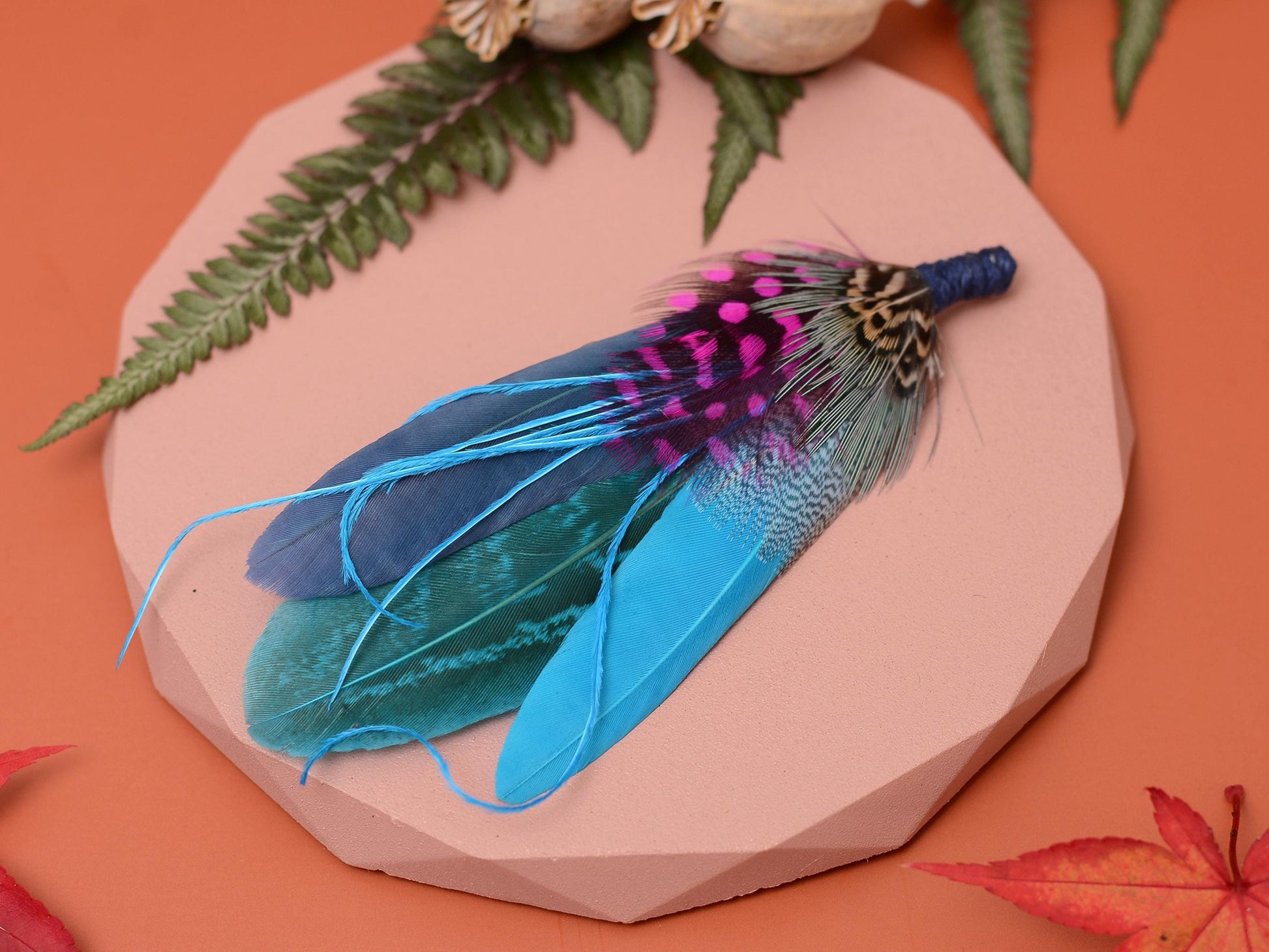 Turquoise Blue and Pink Feather Pin | Pheasant Feather Boutonniere | Feather Brooch | Feather Hat Pin