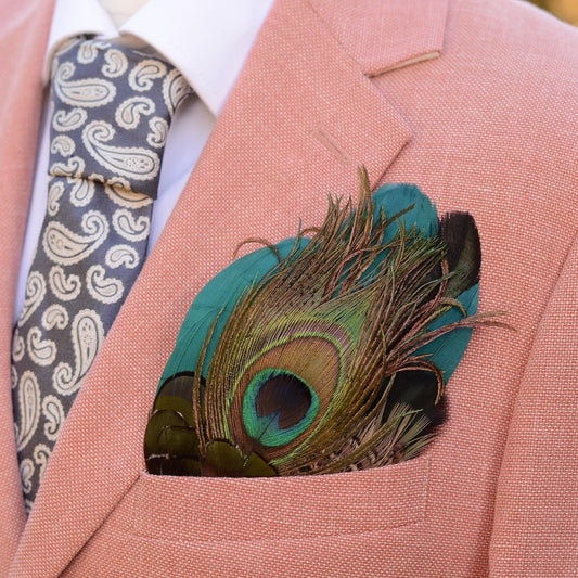 Peacock Feather Pocket Square in Teal and Deep Green No.194 | Suit Accessory | Feather Neck Tie | Grooms Outfit | Groomsmen Gift