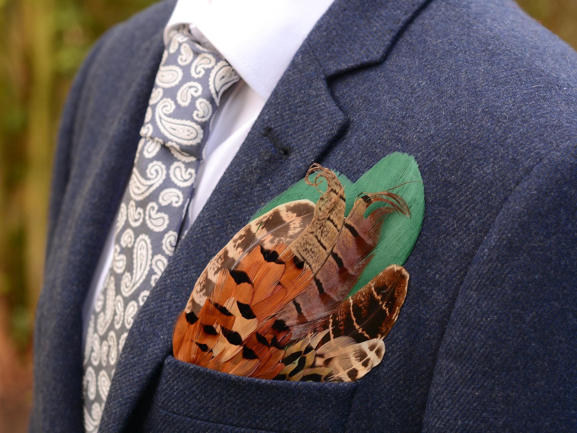 Green and Copper Pheasant Feather Pocket Square No.197 | Suit Accessory | Feather Neck Tie | Grooms Outfit | Groomsmen Gift