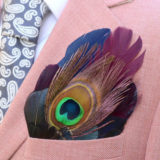 Plum, Navy and Peacock Feather Pocket Square No.180 | Suit Accessory | Feather Neck Tie | Grooms Outfit | Groomsmen | Wedding
