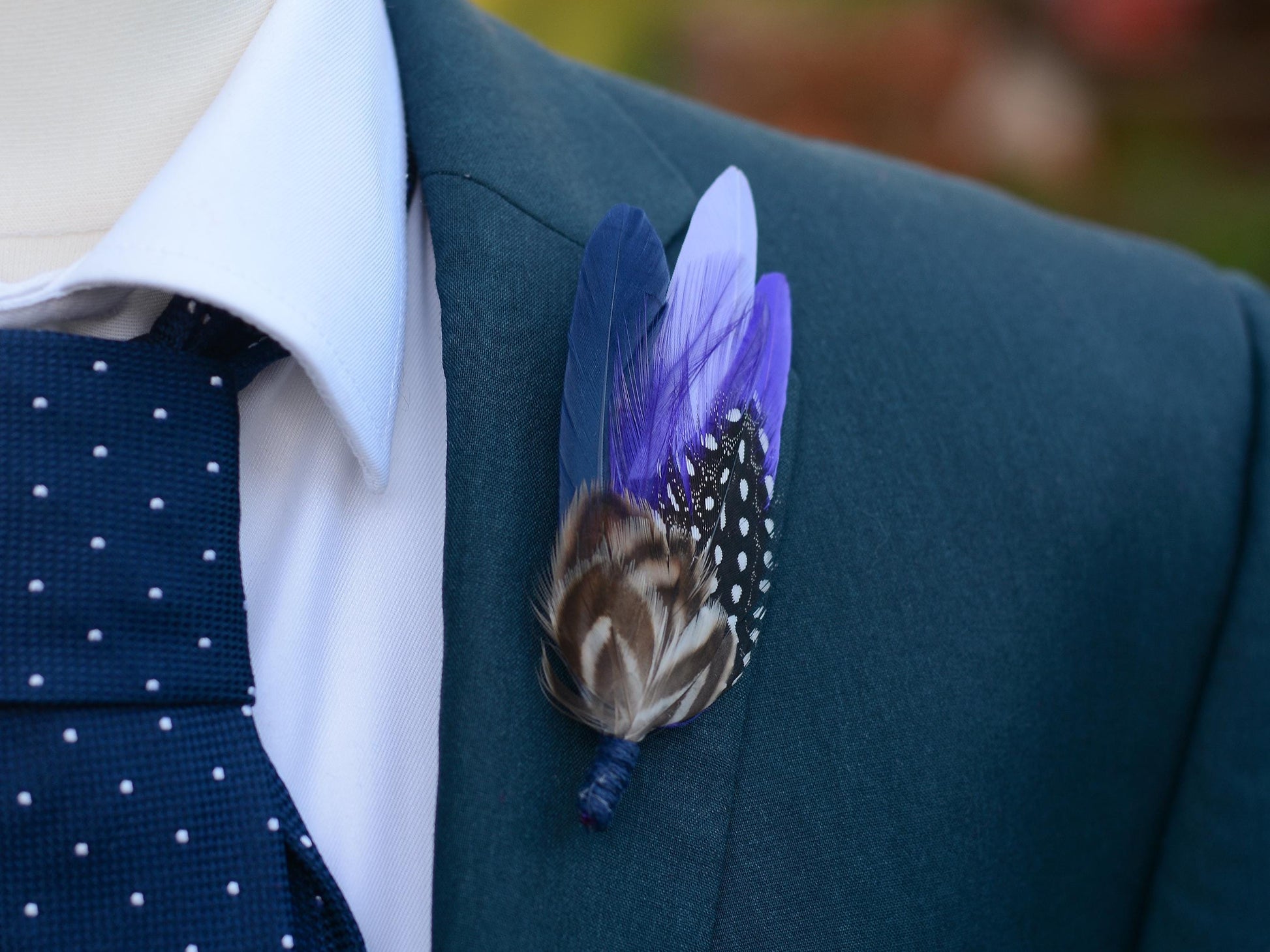 Navy Blue and Purple Polka Dot Feather Lapel Pin | Pheasant Feather Boutonniere | Feather Brooch | Feather Hat Pin