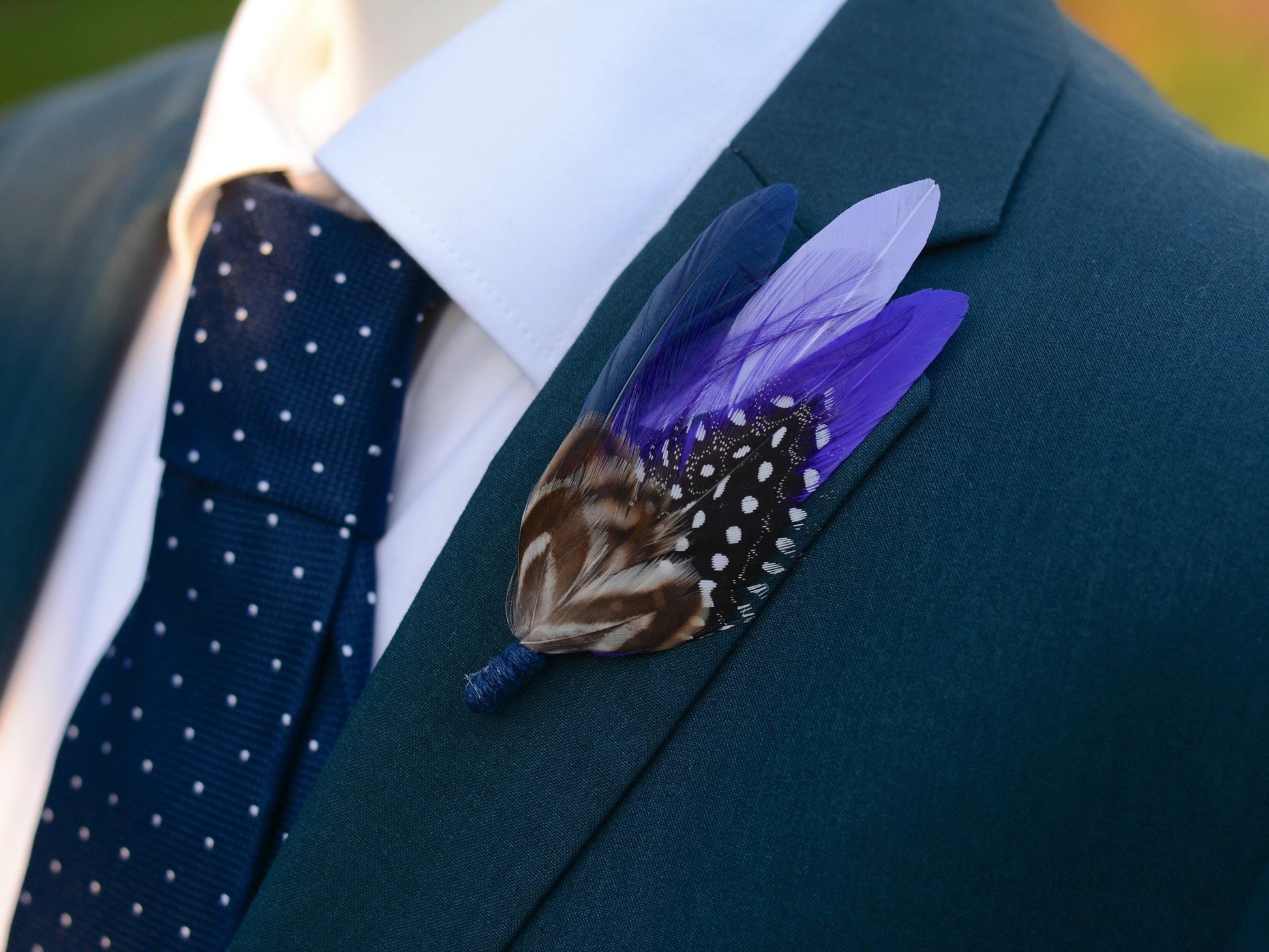 Navy Blue and Purple Polka Dot Feather Lapel Pin | Pheasant Feather Boutonniere | Feather Brooch | Feather Hat Pin