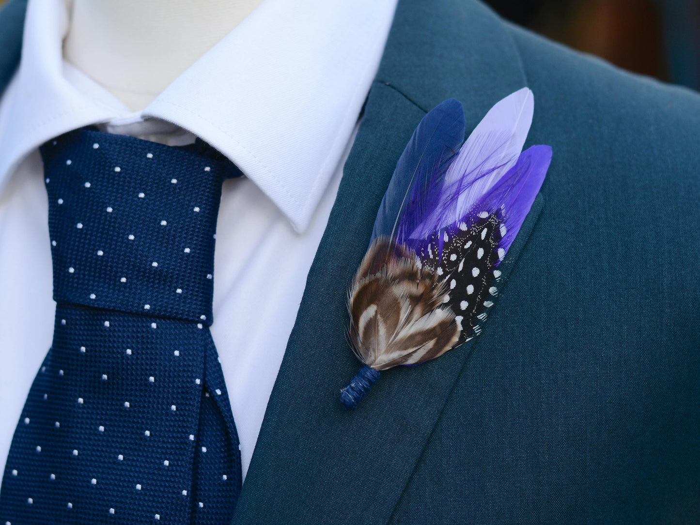 Navy Blue and Purple Polka Dot Feather Lapel Pin | Pheasant Feather Boutonniere | Feather Brooch | Feather Hat Pin