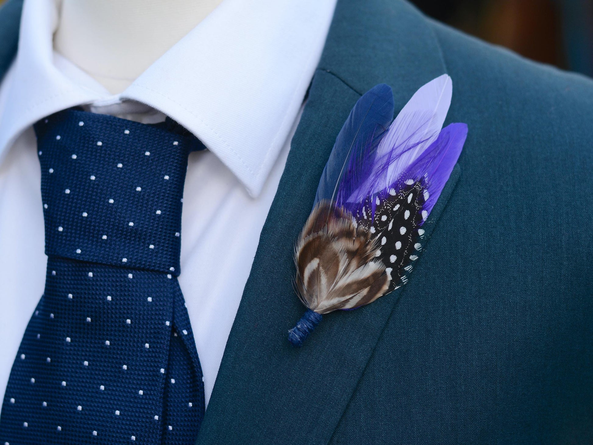 Navy Blue and Purple Polka Dot Feather Lapel Pin | Pheasant Feather Boutonniere | Feather Brooch | Feather Hat Pin