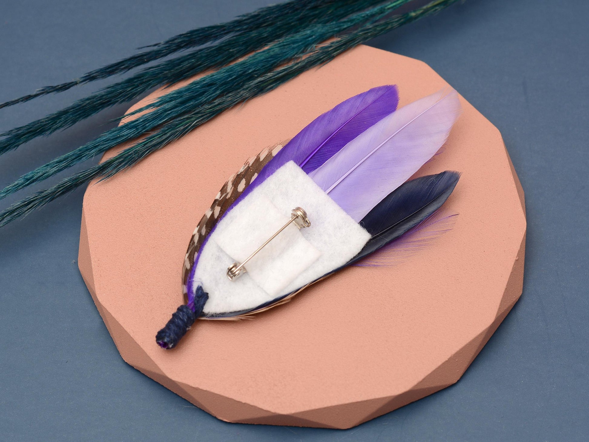 Navy Blue and Purple Polka Dot Feather Lapel Pin | Pheasant Feather Boutonniere | Feather Brooch | Feather Hat Pin