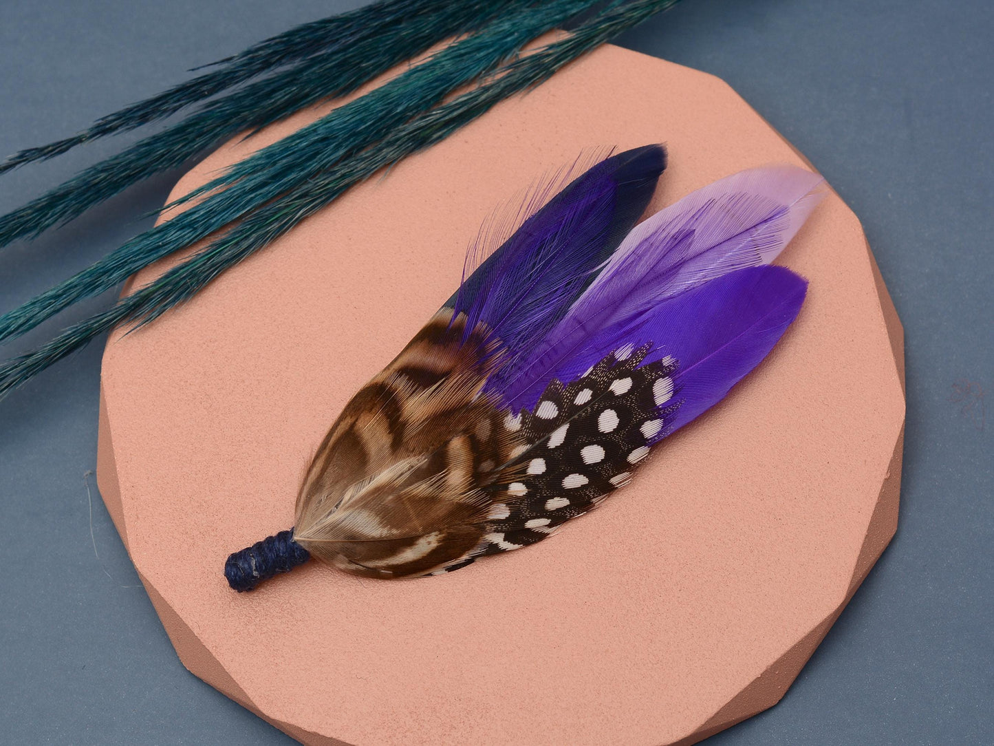 Navy Blue and Purple Polka Dot Feather Lapel Pin | Pheasant Feather Boutonniere | Feather Brooch | Feather Hat Pin