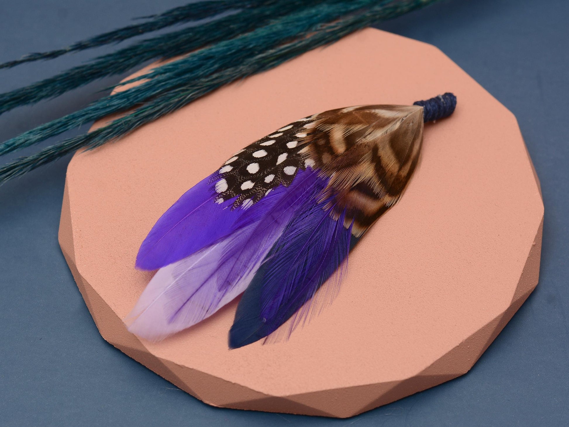 Navy Blue and Purple Polka Dot Feather Lapel Pin | Pheasant Feather Boutonniere | Feather Brooch | Feather Hat Pin