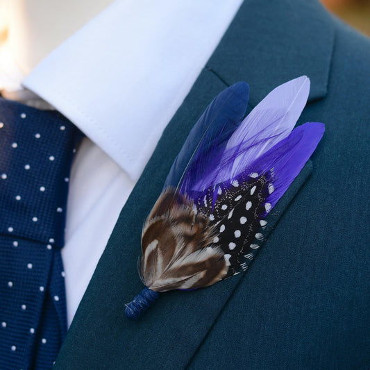 Navy Blue and Purple Polka Dot Feather Lapel Pin | Pheasant Feather Boutonniere | Feather Brooch | Feather Hat Pin