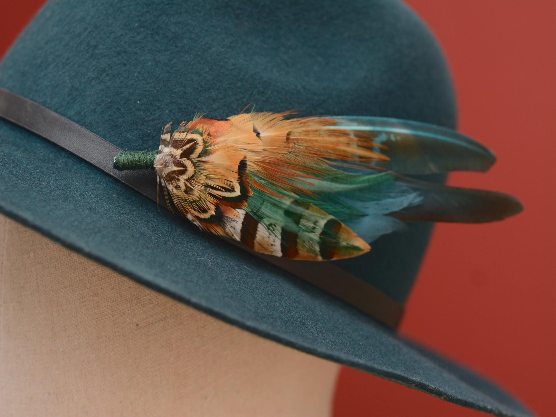 Pheasant Feather Hat Pin in Teal Green and Copper No.296 | Pheasant Feather Boutonniere / Feather Brooch