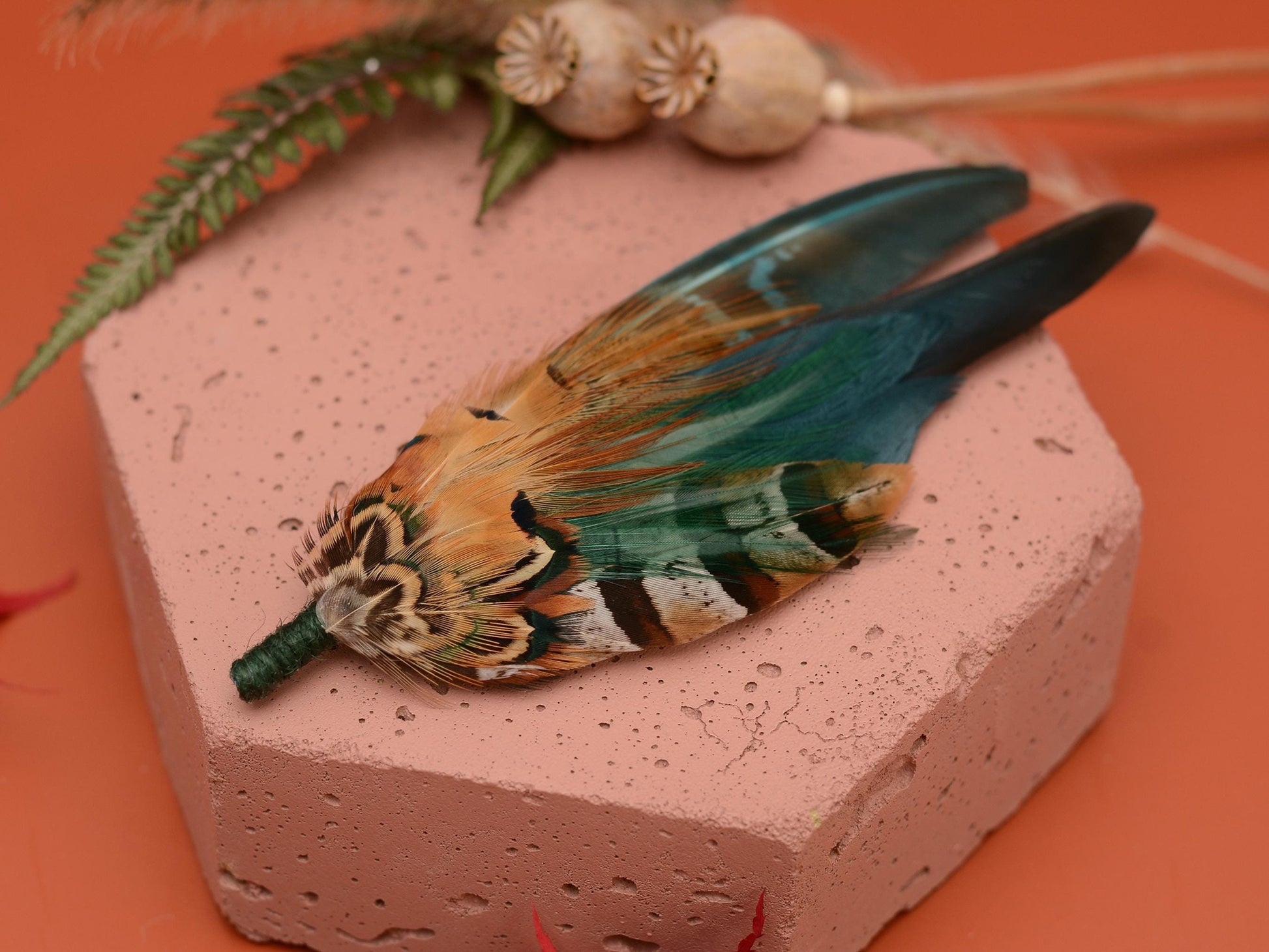 Pheasant Feather Hat Pin in Teal Green and Copper No.296 | Pheasant Feather Boutonniere / Feather Brooch