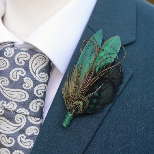 Shades of Green Feather Boutonniere | Duck Feather Pin | Pheasant Feather Brooch | Feather Hat Pin