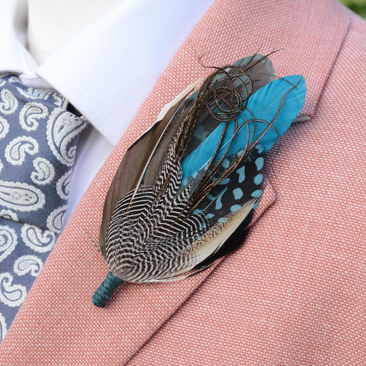 Duck Feather Brooch Pin in Teal and Turquoise No.295 | Unique Duck Feather Boutonniere | Duck Feather Hat Pin