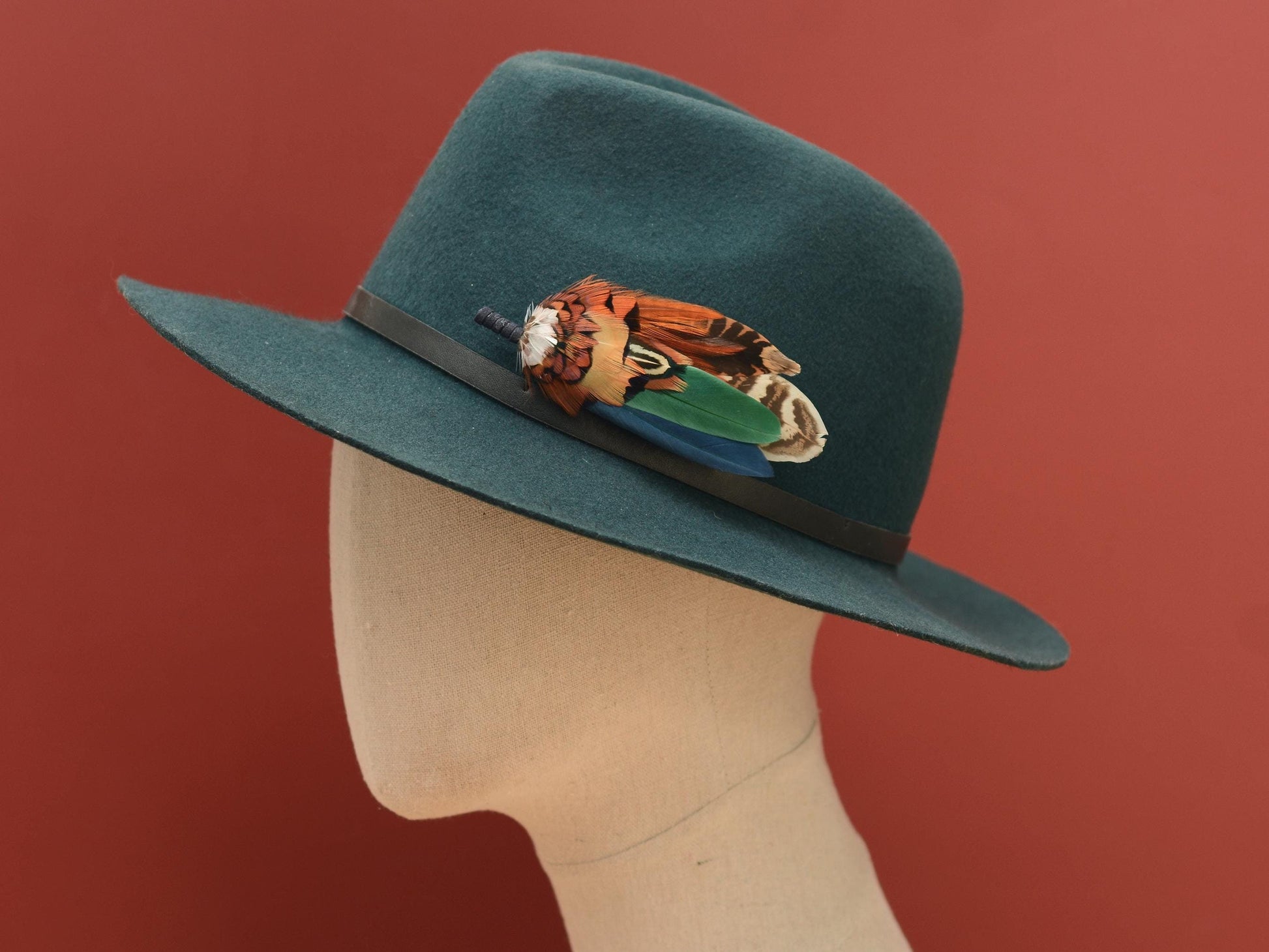 Pheasant and Duck Feather Hat Pin in Copper, Navy and Green No.246 | Unique Pheasant Feather Boutonniere | Duck Feather Brooch