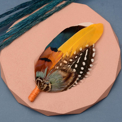 Navy Blue and Mustard Yellow Duck and Pheasant Feather Boutonniere / Feather Hat Pin