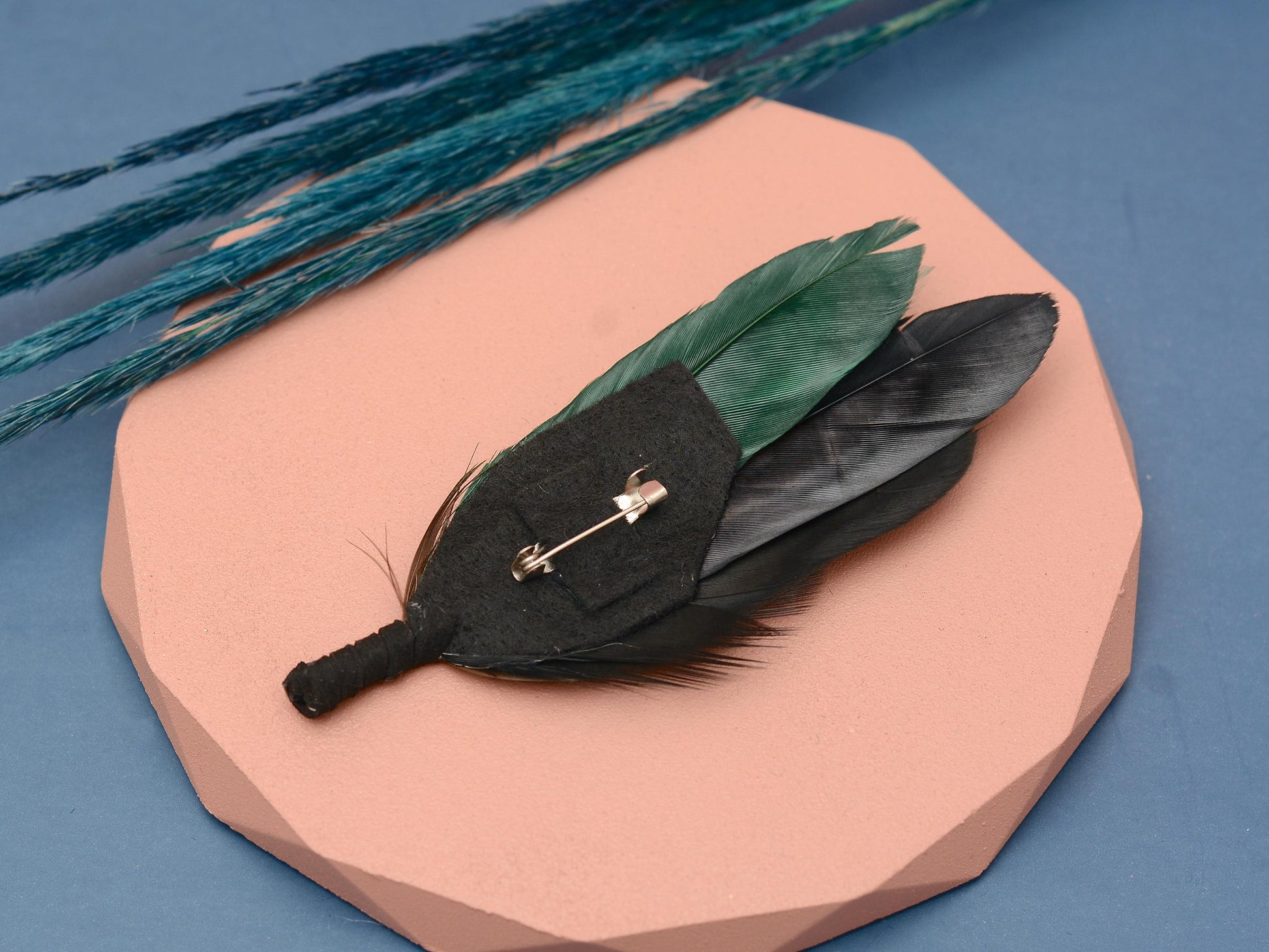 Feather Brooch Pin in Black and Bottle Green | Duck Feather Boutonniere | Feather Hat Pin