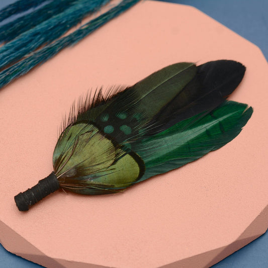 Feather Brooch Pin in Black and Bottle Green | Duck Feather Boutonniere | Feather Hat Pin