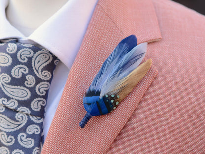 Shades of Blue and Gold Feather Lapel Pin / Hat Pin | Feather Boutonniere | Duck Feather Brooch