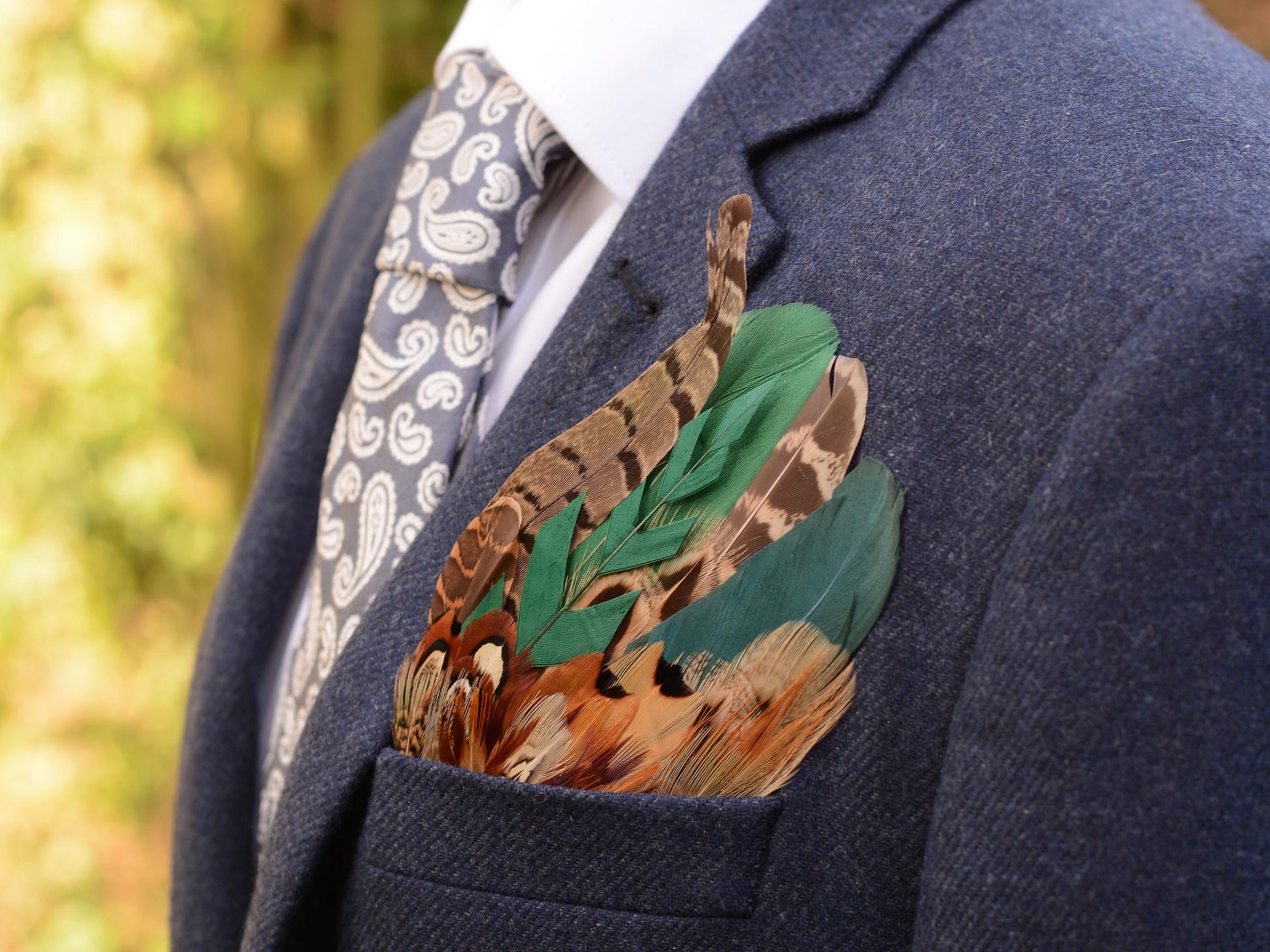 Pheasant Feather Pocket Square in Green and Copper No.195 | Suit Accessory | Feather Neck Tie | Grooms Outfit | Groomsmen Gift