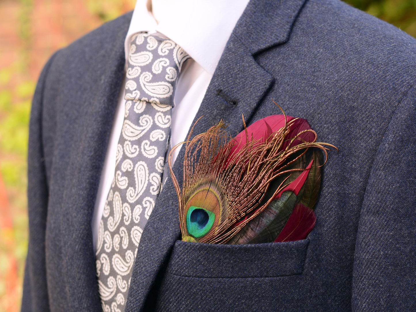 Burgundy, Black and Peacock Feather Pocket Square No.198 | Suit Accessory | Feather Neck Tie | Grooms Outfit | Groomsmen | Wedding