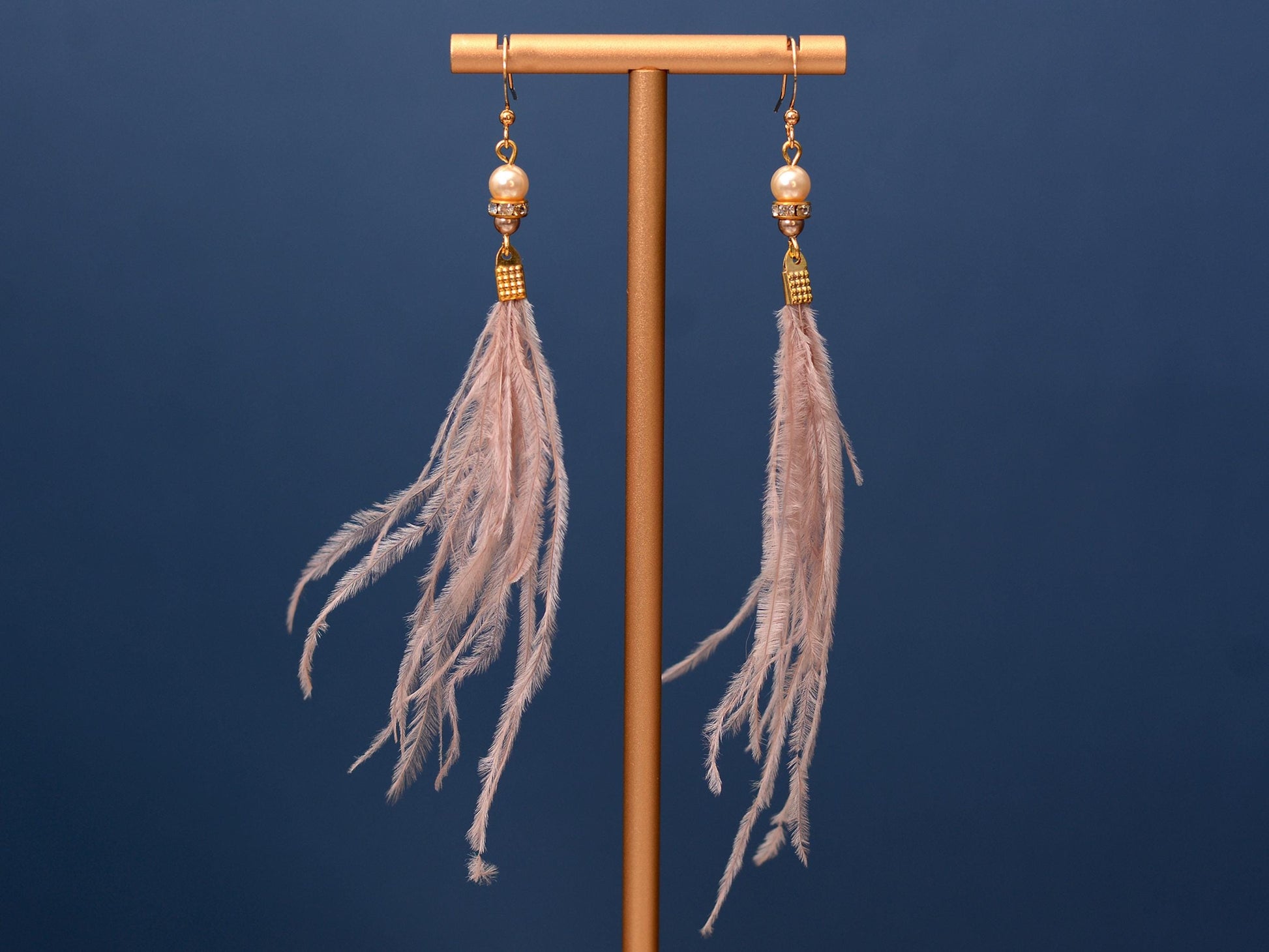 Feather Earrings in Blush Pink Ostrich Feather Earrings with Pearl and Crystal Detail in Gold