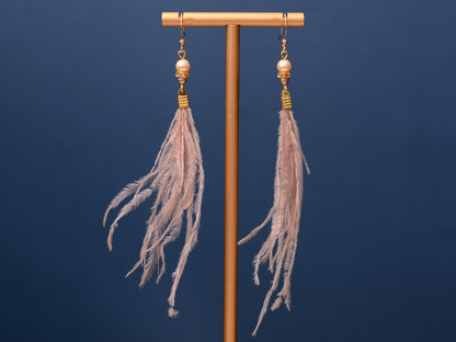 Feather Earrings in Blush Pink Ostrich Feather Earrings with Pearl and Crystal Detail in Gold