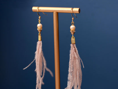 Feather Earrings in Blush Pink Ostrich Feather Earrings with Pearl and Crystal Detail in Gold