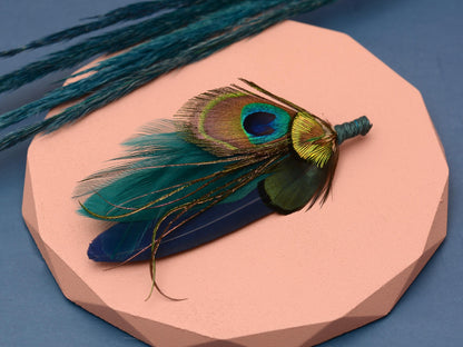 Teal and Navy Peacock Feather Boutonniere | Peacock Feather Corsage | Peacock Feather Brooch