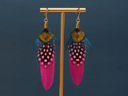 Hot Pink and Turquoise Feather Earrings | Peacock Feather Earrings | Festival Earrings | Feather Jewellery | Festival Jewellery | Bohemian