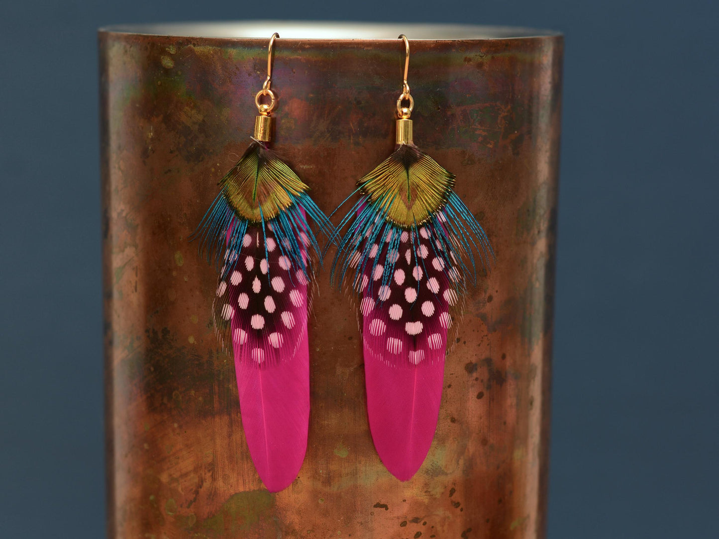 Hot Pink and Turquoise Feather Earrings | Peacock Feather Earrings | Festival Earrings | Feather Jewellery | Festival Jewellery | Bohemian