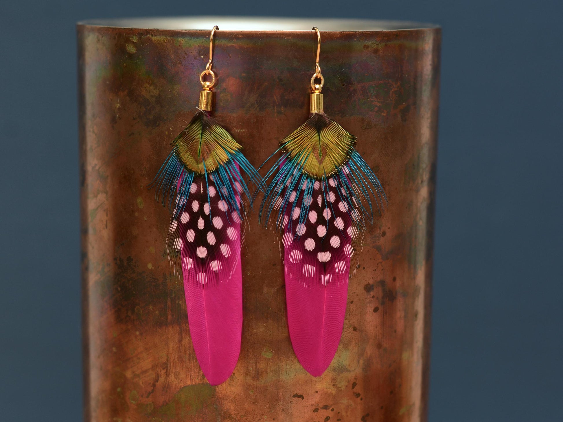 Hot Pink and Turquoise Feather Earrings | Peacock Feather Earrings | Festival Earrings | Feather Jewellery | Festival Jewellery | Bohemian