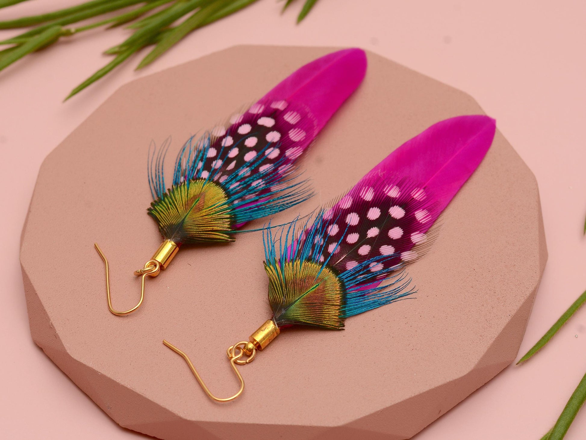 Hot Pink and Turquoise Feather Earrings | Peacock Feather Earrings | Festival Earrings | Feather Jewellery | Festival Jewellery | Bohemian