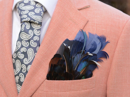 Navy Blue Duck and Pheasant Feather Pocket Square No.130 | Suit Accessory | Feather Neck Tie | Grooms Outfit