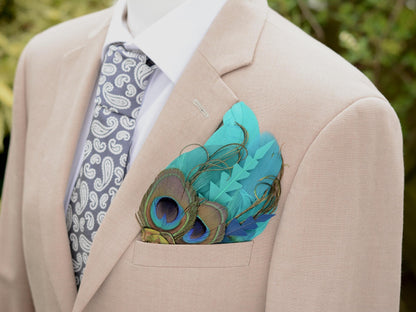 Peacock Feather Pocket Square in Teal and Turquoise Green No.215 | Suit Accessory | Feather Neck Tie | Grooms Outfit | Groomsmen Gift