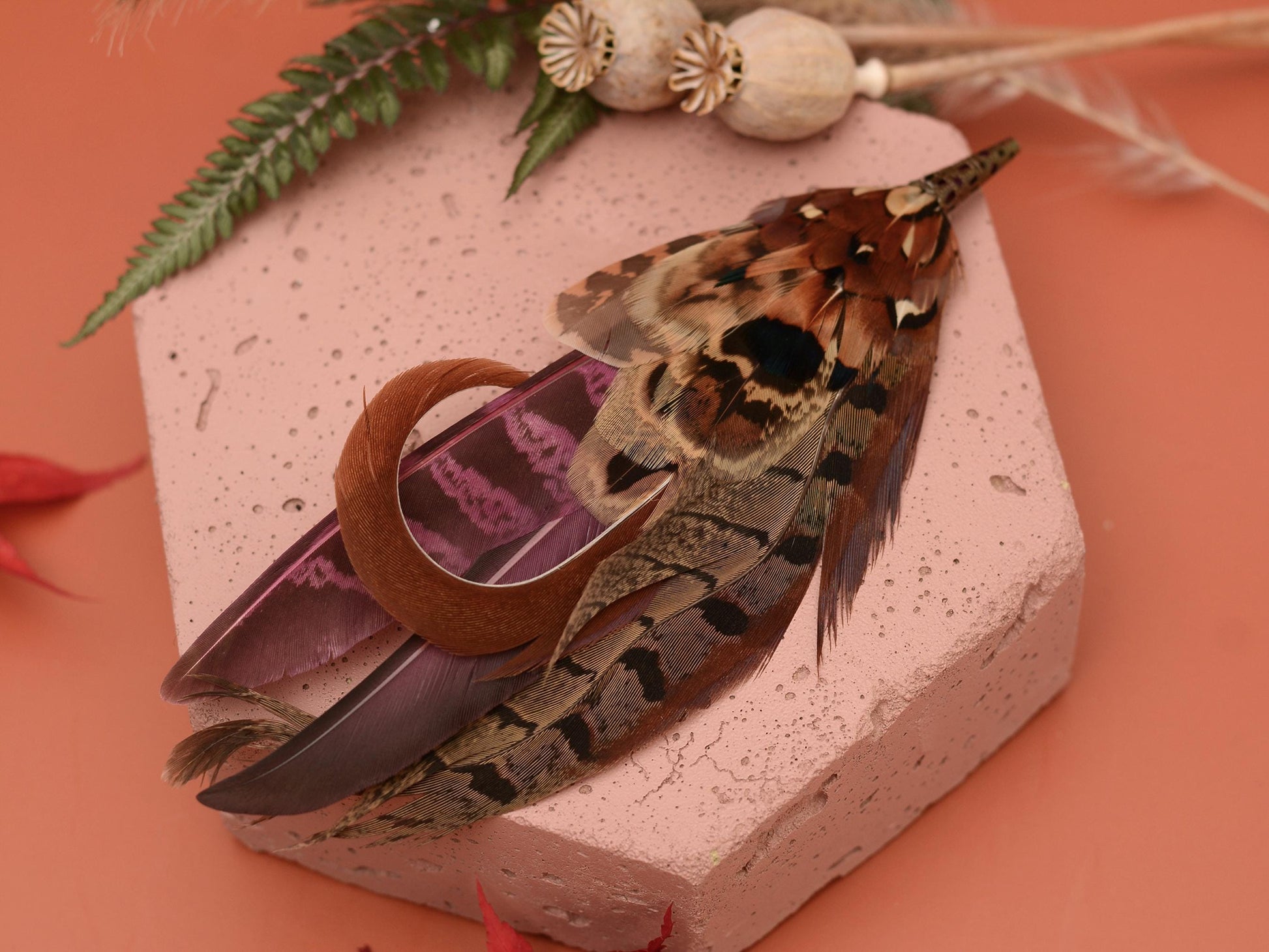 Pheasant Feather Hat Pin in Plum Purple and Copper No.305 | Pheasant Feather Boutonniere / Feather Brooch