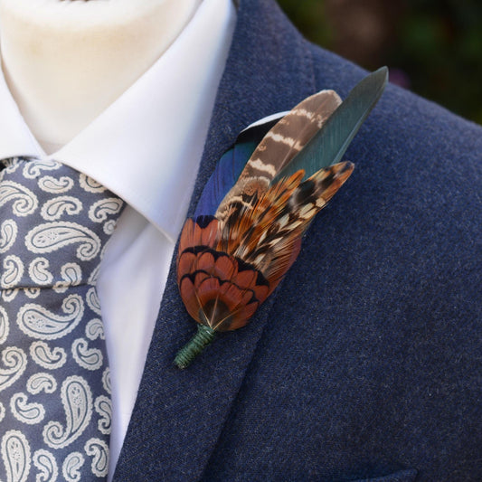 Pheasant & Duck Feather Lapel Brooch / Hat Pin in Bottle Green | Pheasant Feather Boutonniere | Pheasant Feather Lapel Pin | Feather Corsage