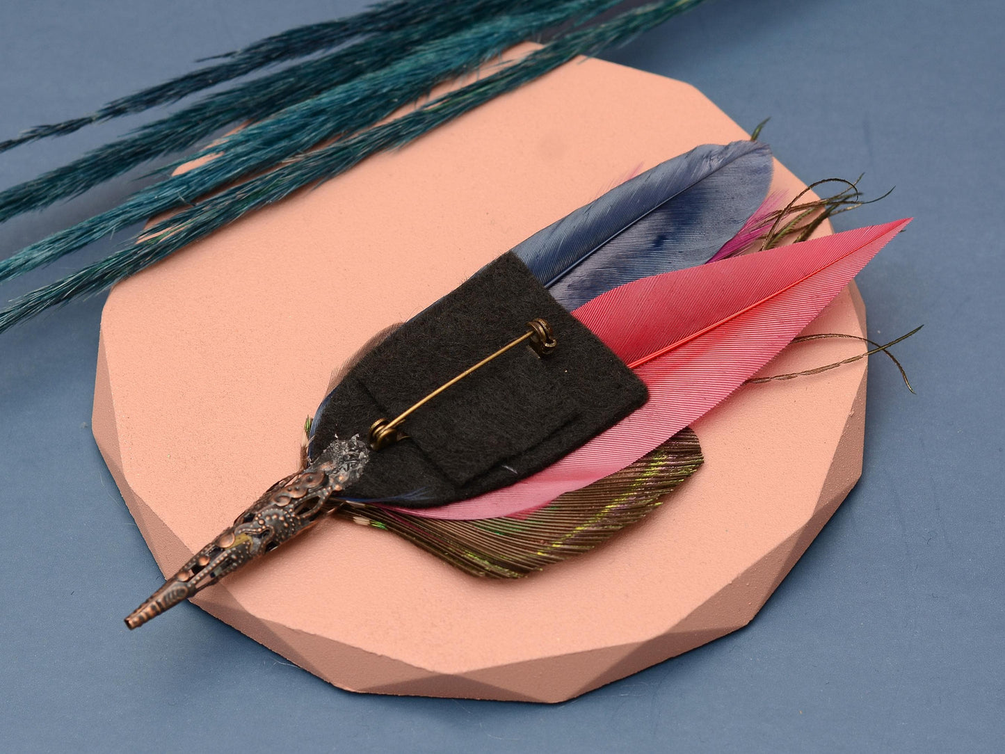 Burgundy and Navy Peacock Feather Boutonniere Pin | Feather Hat Pin | Peacock Feather Brooch