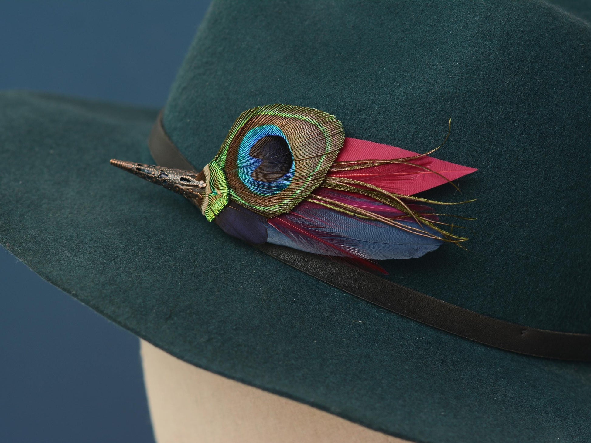 Burgundy and Navy Peacock Feather Boutonniere Pin | Feather Hat Pin | Peacock Feather Brooch