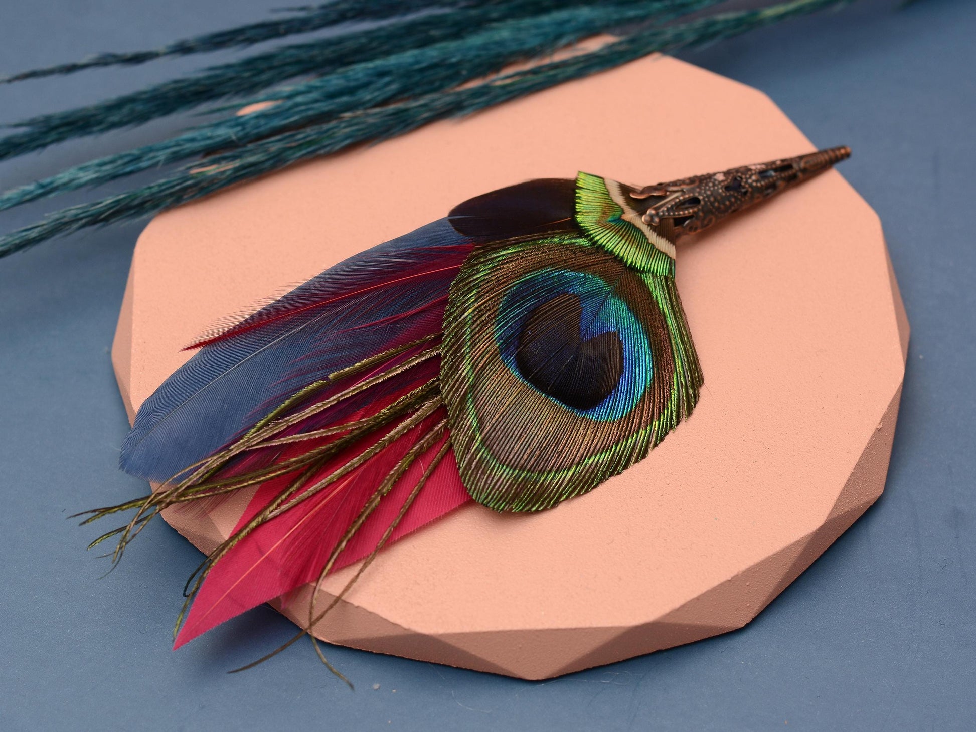 Burgundy and Navy Peacock Feather Boutonniere Pin | Feather Hat Pin | Peacock Feather Brooch