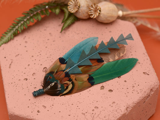 Pheasant and Duck Feather Brooch Pin in Bottle Green, Teal and Copper No.270 | Duck Feather Hat Pin | Unique Pheasant Feather Boutonniere