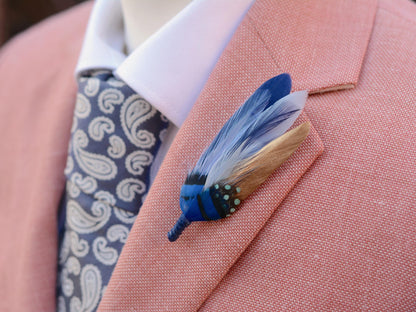 Shades of Blue and Gold Feather Lapel Pin / Hat Pin | Feather Boutonniere | Duck Feather Brooch