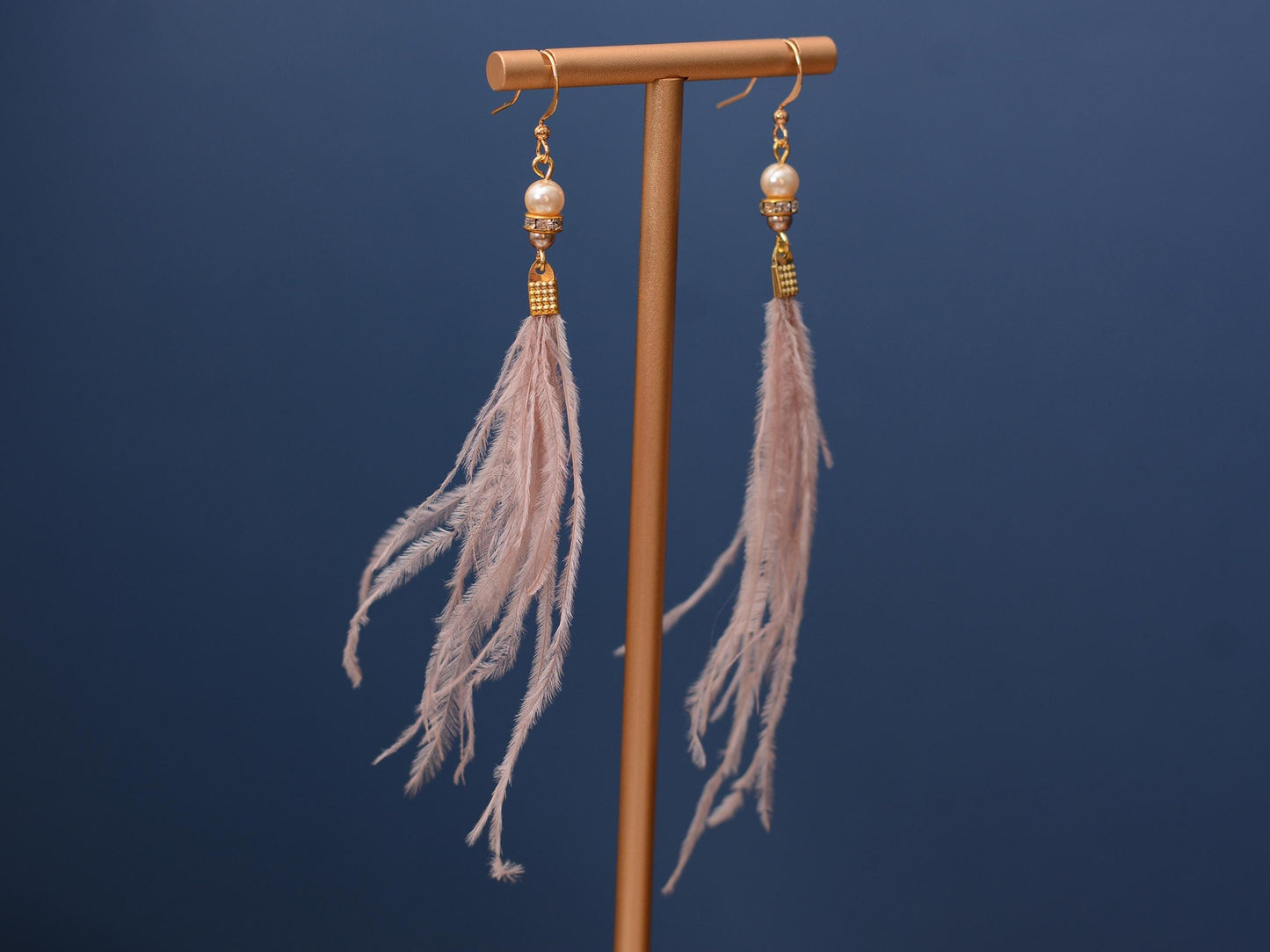 Feather Earrings in Blush Pink Ostrich Feather Earrings with Pearl and Crystal Detail in Gold
