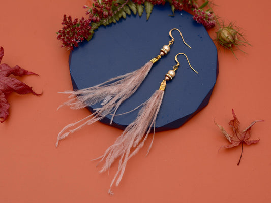 Feather Earrings in Blush Pink Ostrich Feather Earrings with Pearl and Crystal Detail in Gold